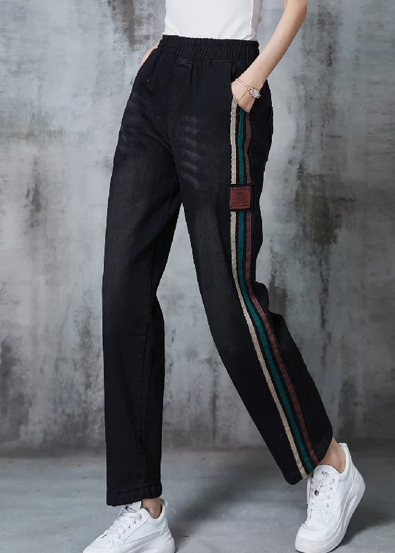 Fashionable Comfort French Black Oversized Striped Denim Pants Summer