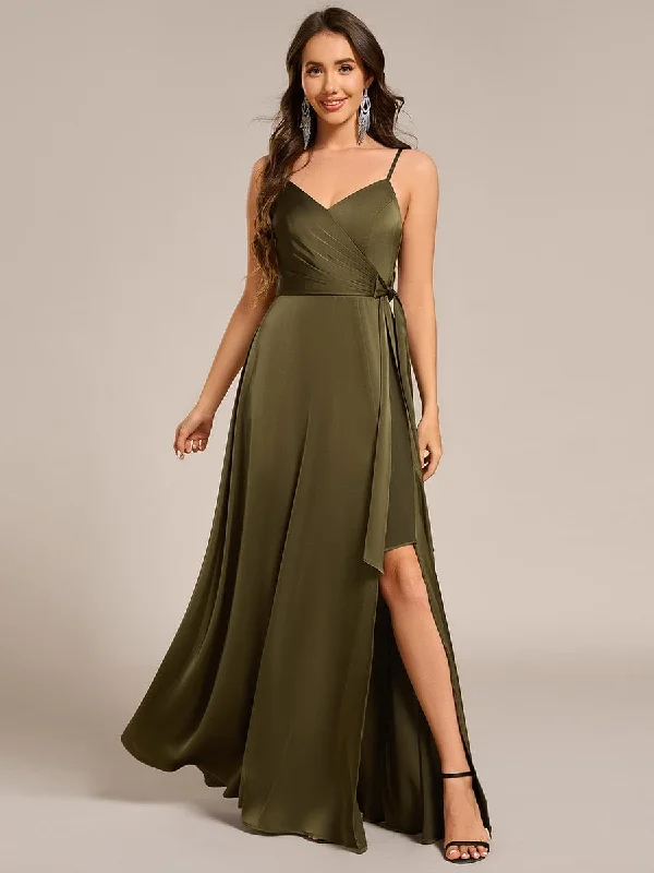 Sporty Wear Wrap-Style Spaghetti Strap Maxi Satin Bridesmaid Dress