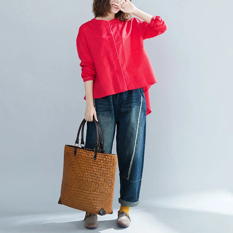 Versatile Comfort Wear Italian stand collar cotton blouses for women plus size design red box blouse