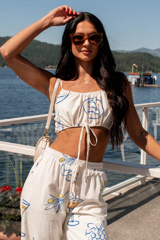 Cozy Knits Drinks On The Patio Printed Drawstring Crop Top (Cream)