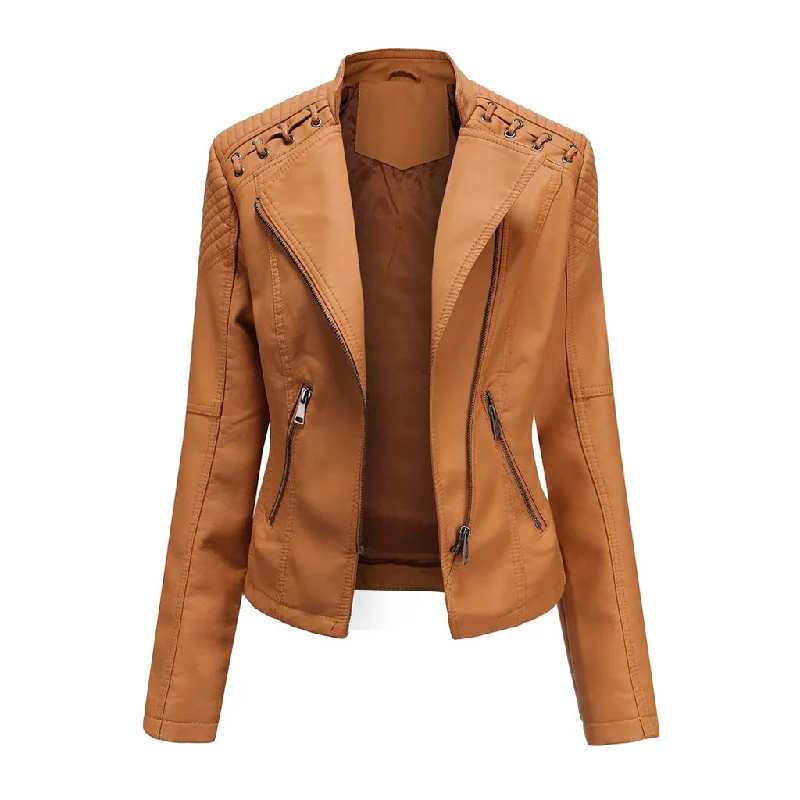 Light Dressing Unique Whipstitch Stand Collar Zip Up Tailored Vegan Leather Biker Jacket
