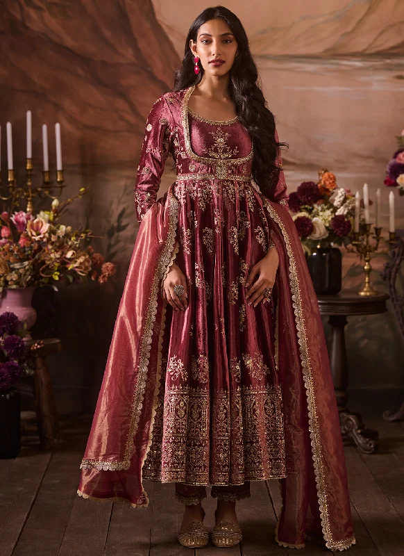 Comfortable Lounge Wear Dusty Pink Embroidered Velvet Anarkali