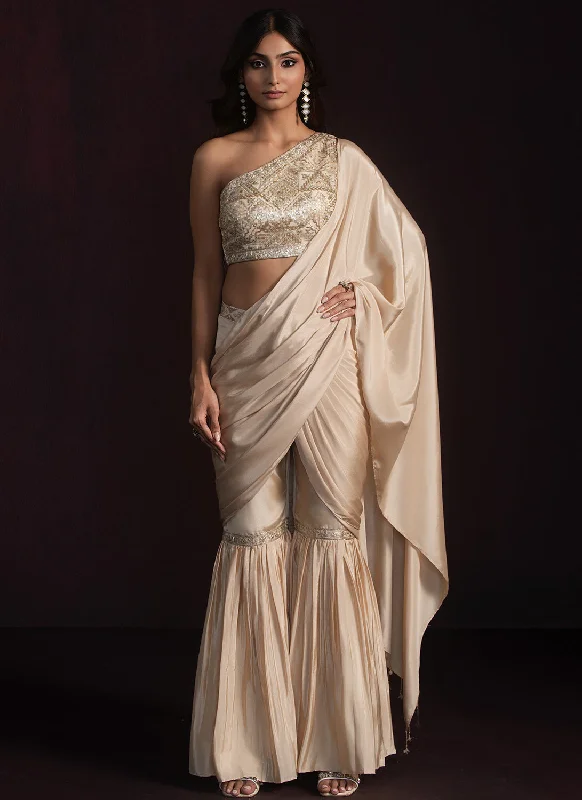 Cozy Chic Trends Beige Embroidered Gharara Style Saree