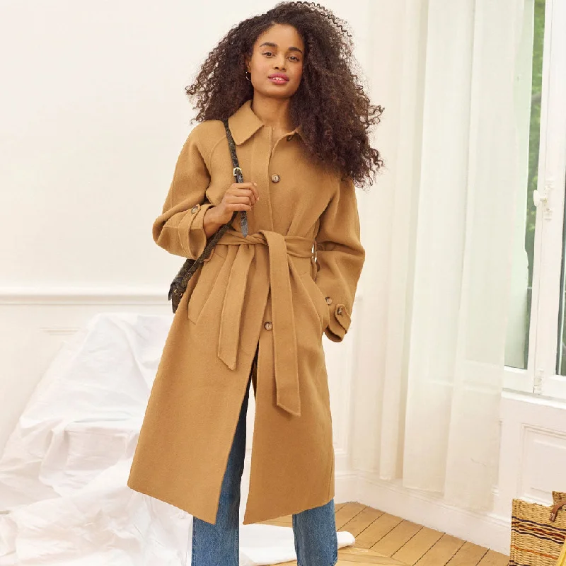 Comfortable Fitwear Classic Single Breasted Lapel Collar Belted Longline Woolen Coat - Camel