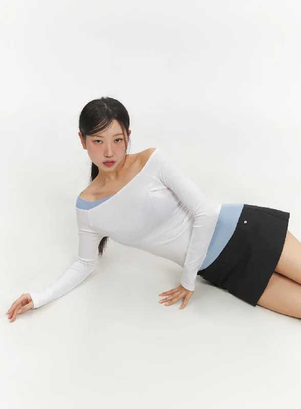 Soft Textures Off-Shoulder Asymmetric Long-Sleeve Top IF510