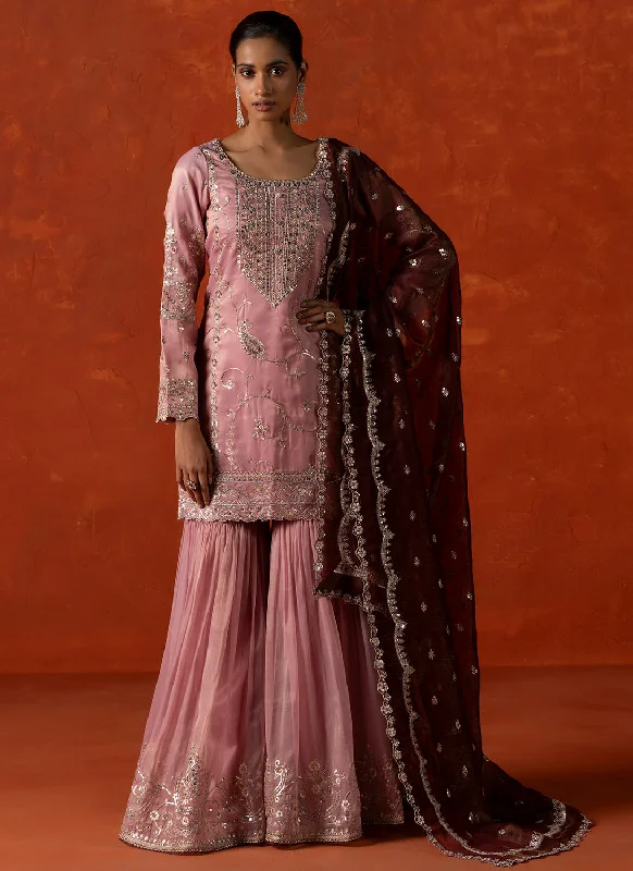 Comfortable Sweaters Blush Pink and Rust Embroidered Gharara Suit