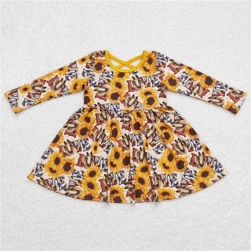 Breezy Outfits GLD0393  Baby Girls Western Horse Sunflower Knee Length Dresses