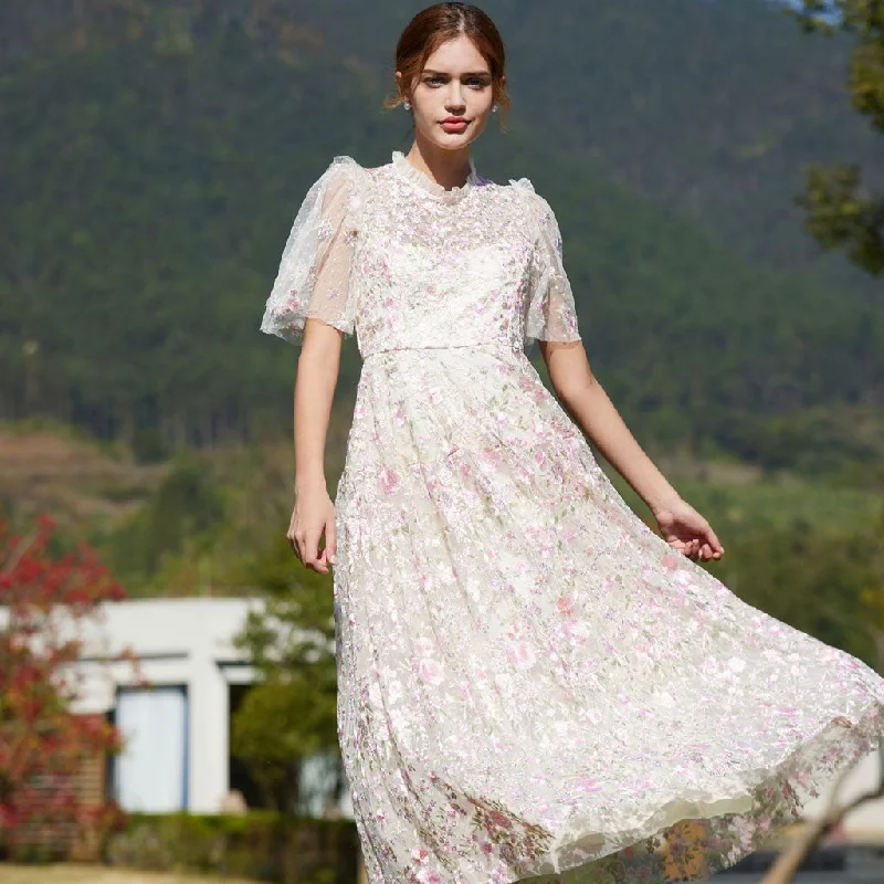Cozy Footwear Lavish Short Sleeve Frill Neck A Line Summer Embroidered Floral Tulle Maxi Dress