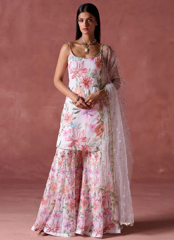 Soft Comfort Wear White and Pink Floral Printed Gharara Suit