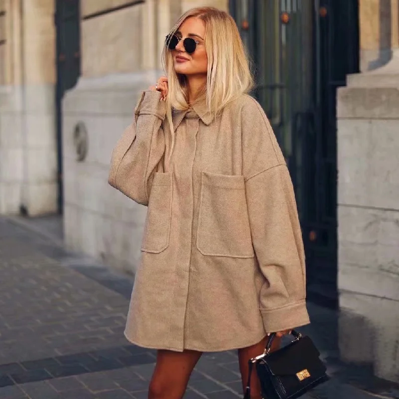 Comfortable Lifestyle Puff Sleeve Pocket Front Single Breasted Woolen Shacket- Beige