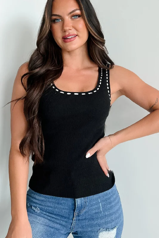 Weekend Comfort Cultivating Kindness Contrast Stitch Sweater Tank (Black)