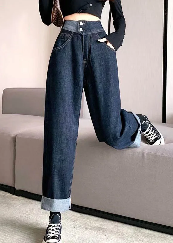 Easy-to-Wear Modern Denim Blue Pockets High Waist Pants Fall