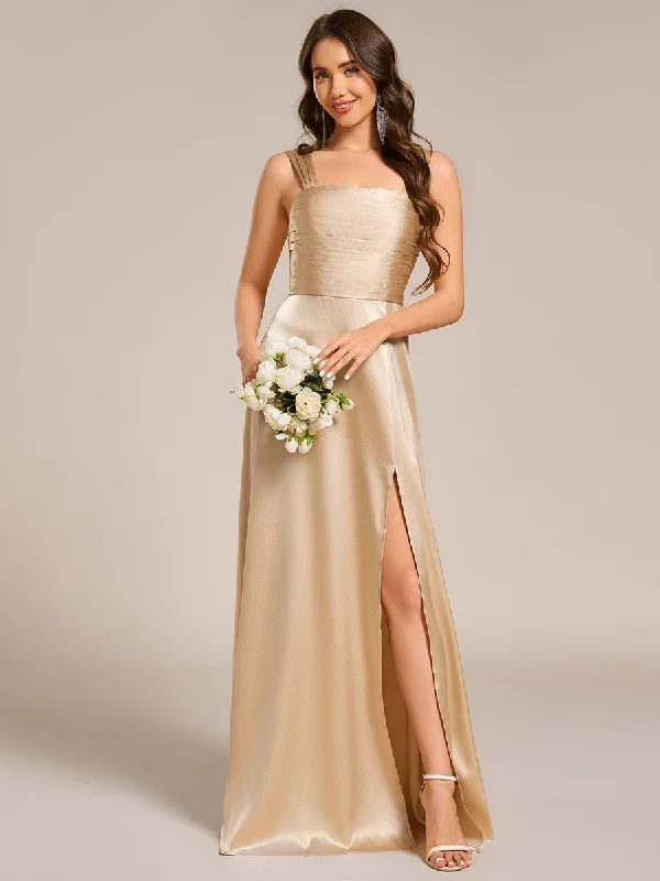 Relaxed Jackets Square Neck Satin Maxi Bridesmaid Dress with Front Slit
