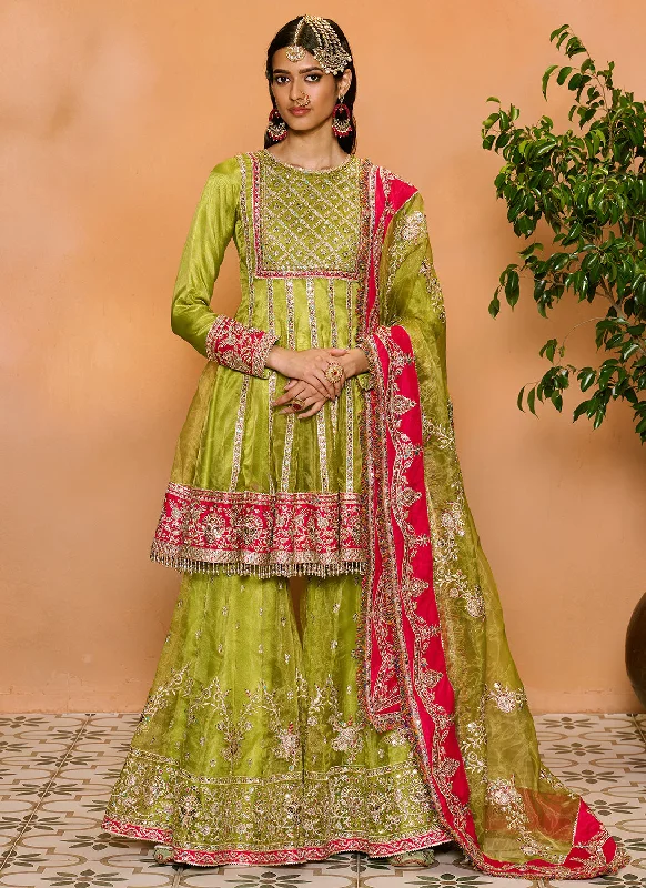 Fashionable Comfort Parrot Green and Hot Pink Embroidered Gharara Suit