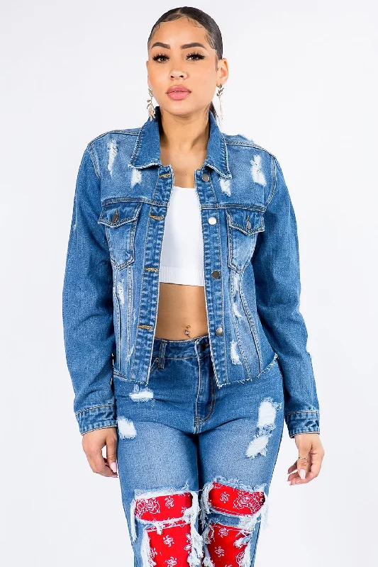 Trendy Comfort Wear Distressed Bandana Patchwork Denim Jacket