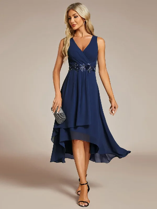 Versatile Casuals Elise | Sleeveless V-Neck High Low Wedding Guest Dress with Floral Applique