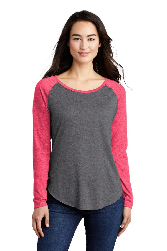 All-Day Outfits Sport-Tek Womens Moisture Wicking Long Sleeve Scoop Neck T-Shirt - Heather Dark Grey/Heather Raspberry Pink - Closeout