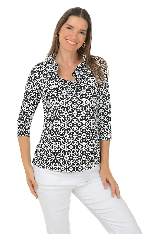 Comfortable Lifestyle Heart Damask Ruffle Neck UPF50+ Top