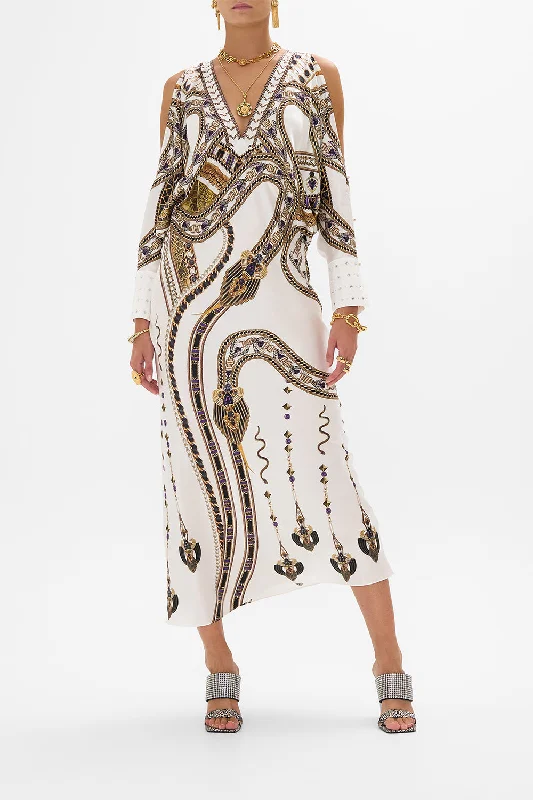 All-Day Style PLUNGE NECK DRAPED SHOULDER DRESS GODDESS ENERGY