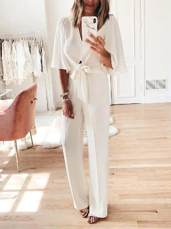 Relaxed Tops Fashionable Simple Casual Loose V Shirt Pants Suit