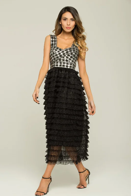 Warm Chic Outfits Black and White Check Tiered Ruffle Lace Dress