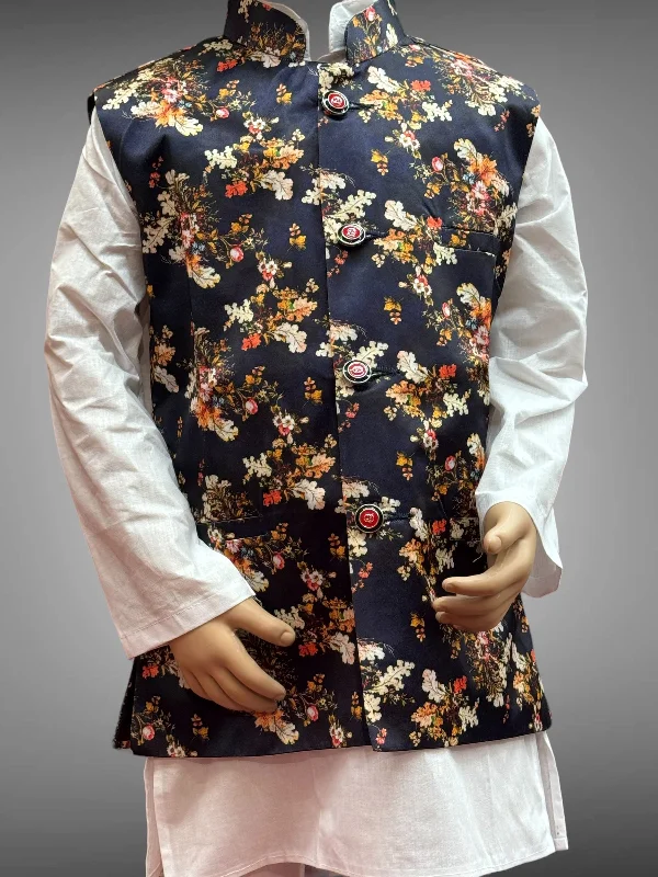 Light Fit Silk Navy Blue Floral Printed Kids Vest