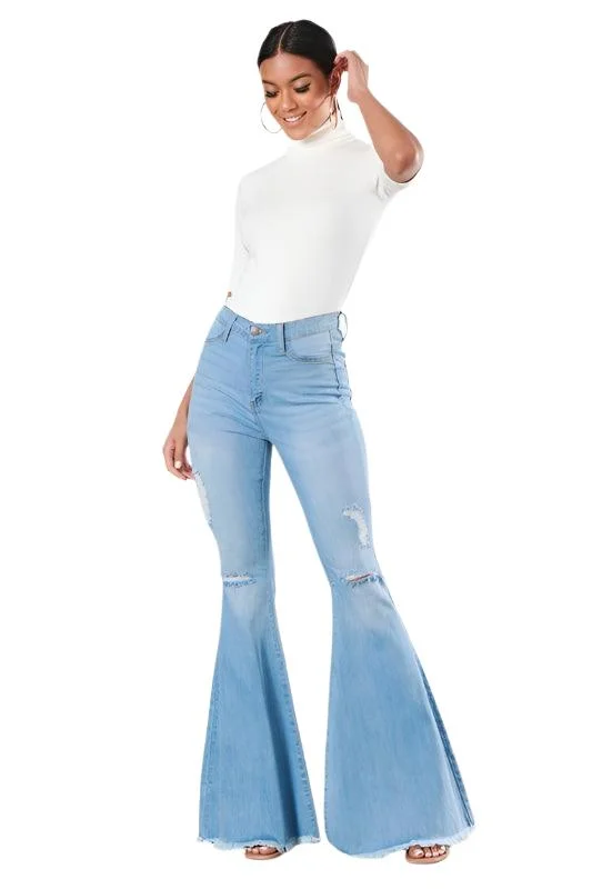 Comfy Chic Wear Distressed Flare Leg Jeans Womens