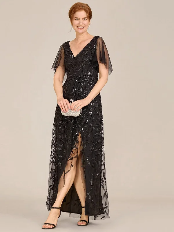 Soft Knitwear Short Sleeves Sequin High Low V-Neck Midi Mother of the Bride Dress
