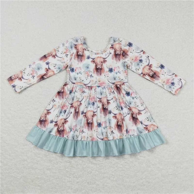 Soft Layers GLD0412  Baby Girls Highland Cows Top Western Knee Length Dresses
