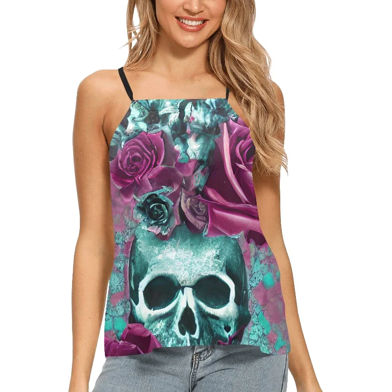 Cozy Fitting Women's Purple Floral Skull Print Halter Neck Tank Top