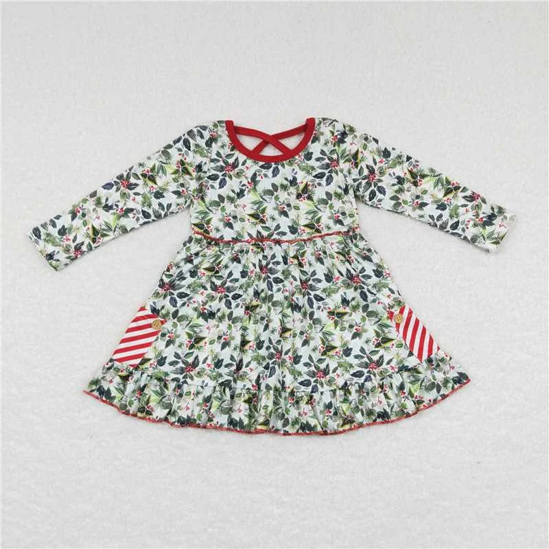 Easy Wear Chic GLD0389  Baby Girls Christmas Green Tree Leaves Knee Length Dresses