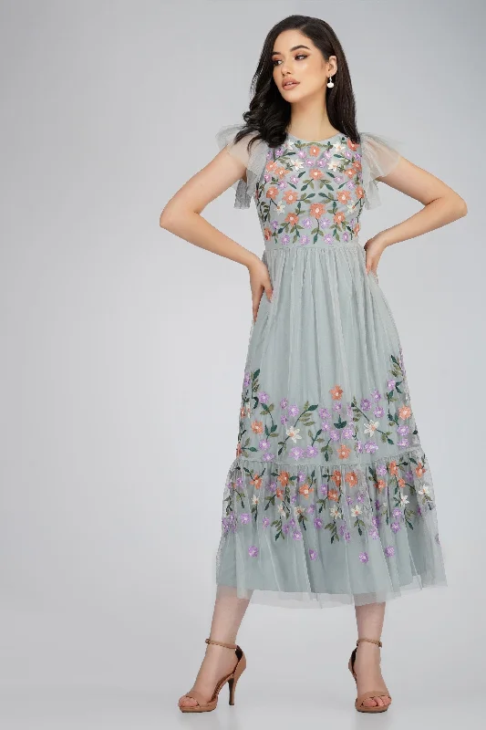 Easy Chic Iris Dusty Blue Embroidered Dress