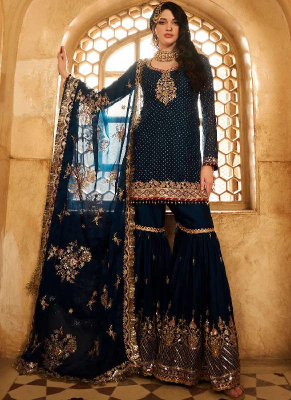 Casual Fit Dark Teal Embroidered Satin Gharara