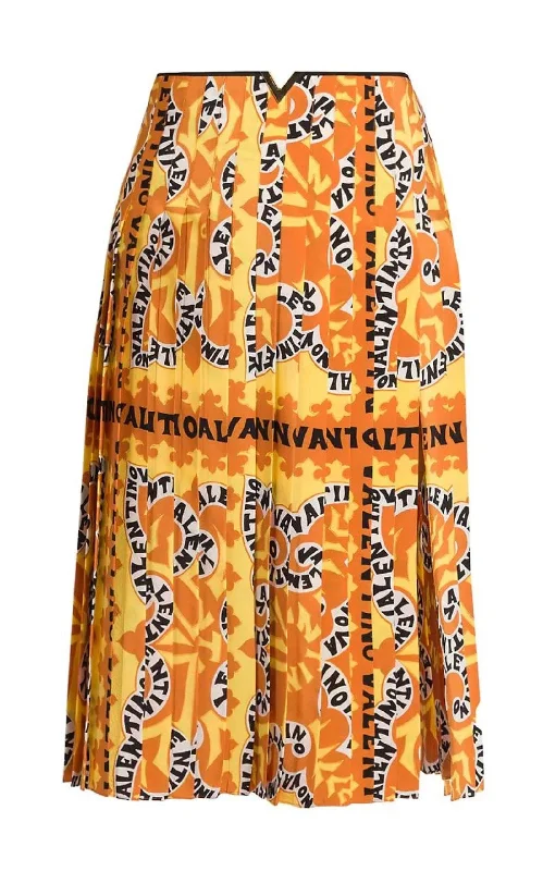 Soft Layers Pleated Logo Print Silk Midi Skirt