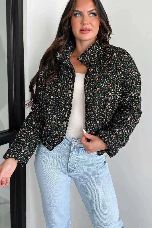 Versatile Style Petals & Posies Floral Puff Jacket (Black Multi)