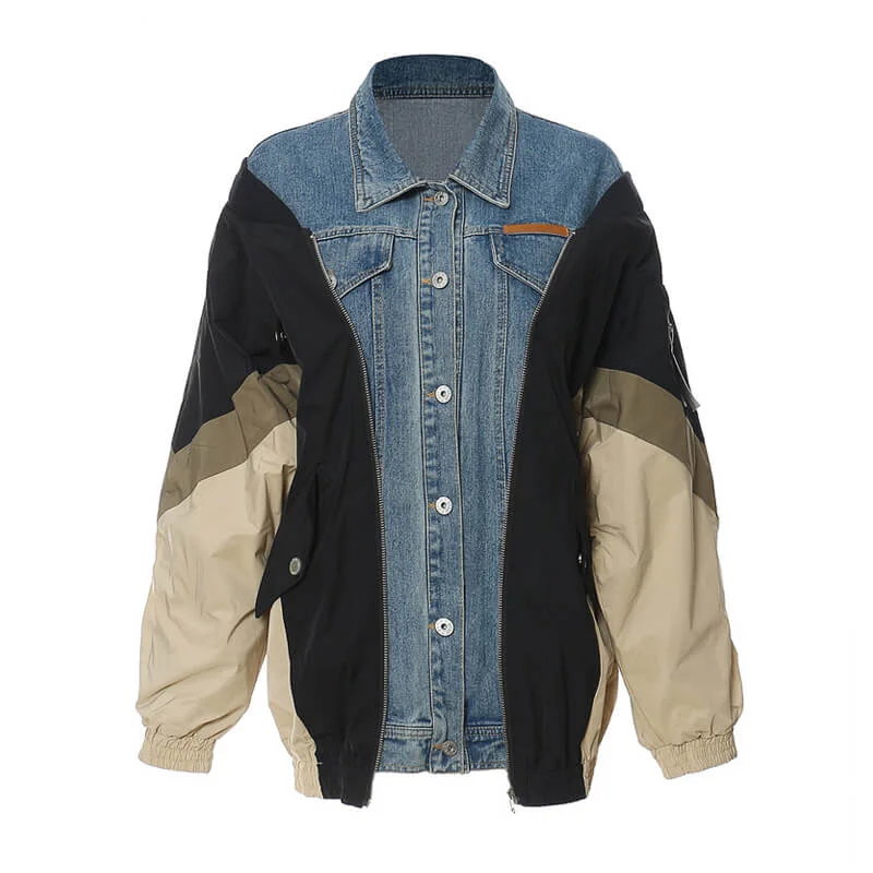 Comfortable Lounge Wear Deconstructed Contrast Denim Collared Button Down Hybrid Bomber Jacket