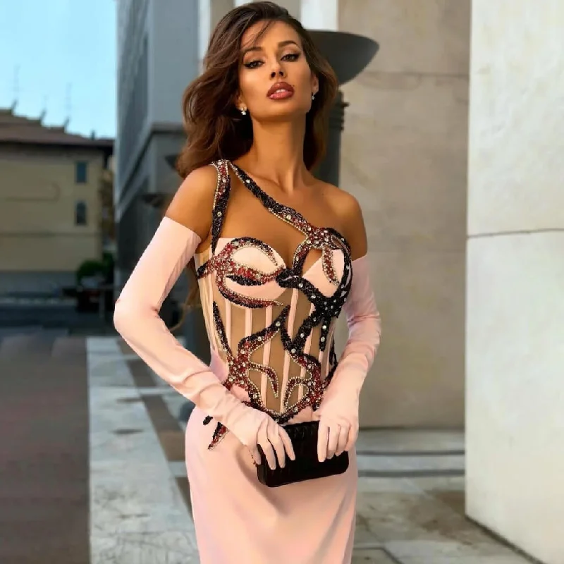 Warm Chic Outfits Sparkly Crystal One Shoulder Opera Glove Sheer Corset Maxi Evening Dress