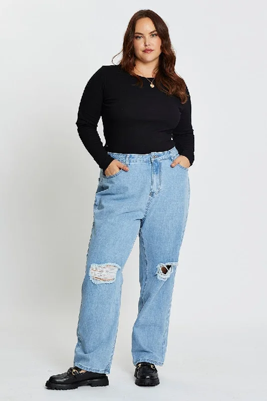 Easy Wear Chic Blue Denim Jean High Rise Slash Knee Straight Leg