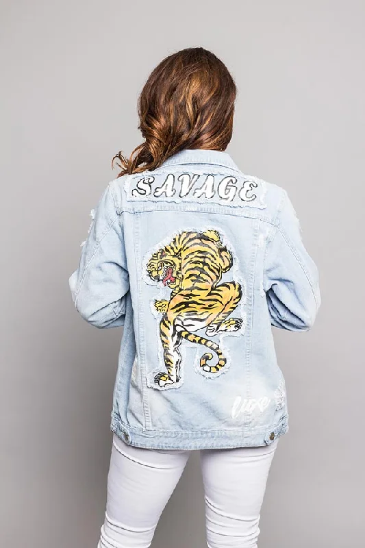 Relaxed Fashion Good Times Savage Tiger Denim Jean Jacket