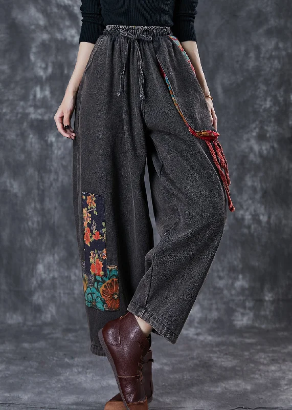 Soft Textures Vintage Black Oversized Patchwork Applique Denim Pants Summer