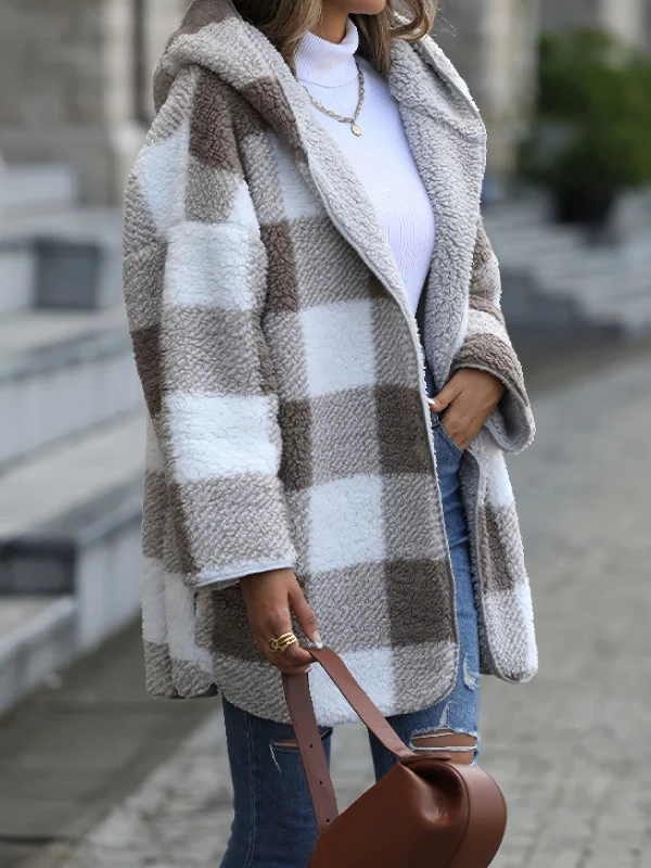 Casual Fit Casual Fuzzy Plaid Hooded Long Sleeve Fashion Loose Without Button Bubble Velvet Outerwear