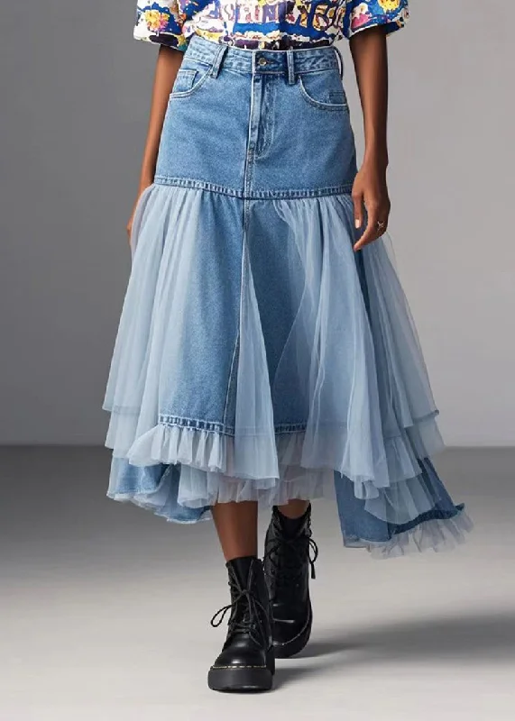 Urban Chic Modern Denim Blue Asymmetrical Patchwork Tulle Skirts Spring