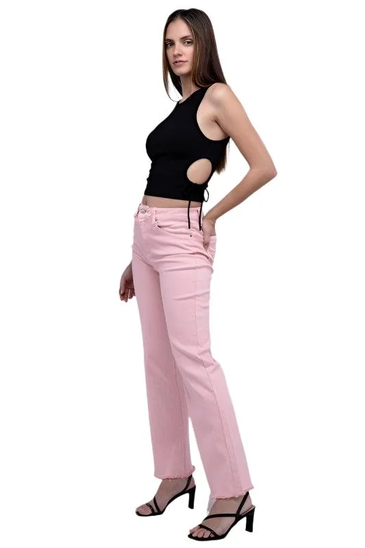 Cozy Fashions Acid Washed Frayed Cutoff Hem Straight Wide Pants
