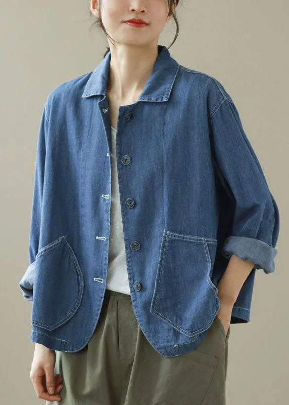 Effortless Looks Style Blue Peter Pan Collar Pockets Patchwork Denim Coats Spring