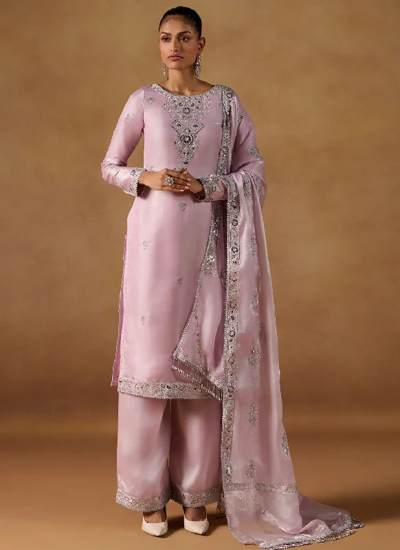 Easy Comfort Style Lilac Embroidered Tissue Palazzo Suit