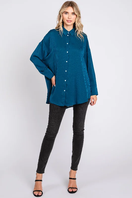 Soft Fabric Looks Dark Teal Striped Button Up Top