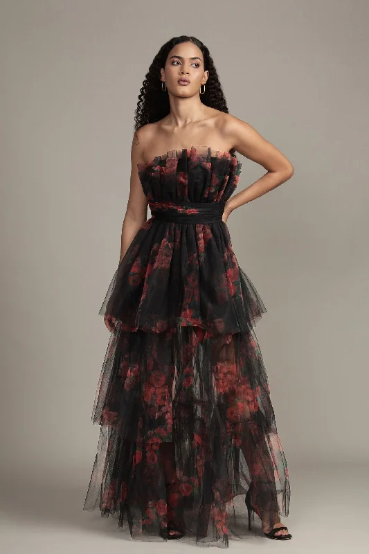 Cozy Lounge Wear Natalia Tulle Maxi Dress in Black and Red Floral