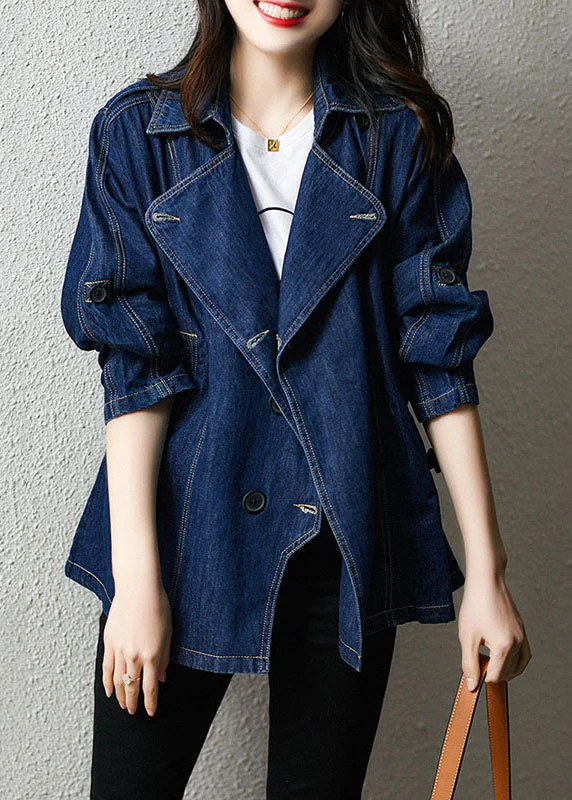 Light Dressing Plus Size Blue Peter Pan Collar Pockets Drawstring Patchwork Denim Coat Fall
