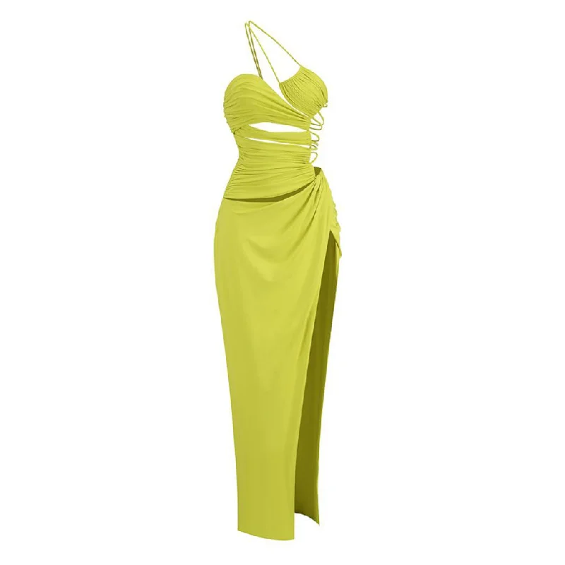 Smart Comfort Wear Asymmetrical One Shoulder Backless Ruched High Split Cutout Maxi Dress