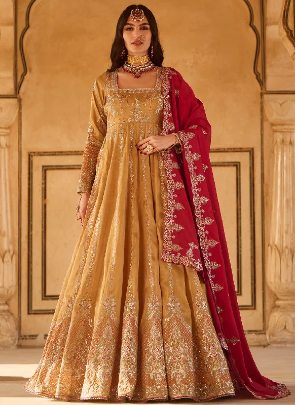 Casual Ease Mustard Yellow and Hot Pink Embroidered Anarkali